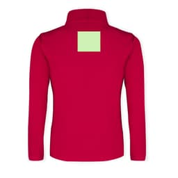 A red soft shell jacket with a collar and a rectangular patch on the back. It has a logo present.