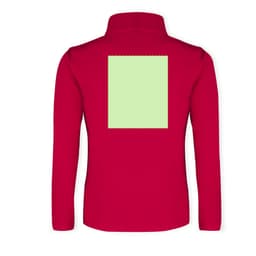 A red soft shell jacket featuring a blank green square on the back and a collar. It includes a logo.