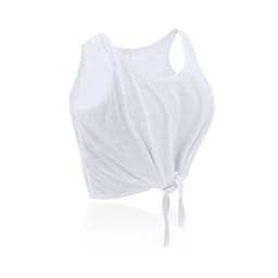 A white women's t-shirt with a knotted front design and sleeveless style. It features a logo on the label.