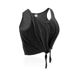 A black women's t-shirt with a cropped design and front tie feature, showcasing a relaxed fit.