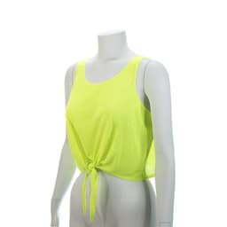 A bright yellow women's T-shirt featuring a knotted front design, displayed on a mannequin.