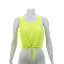 A bright yellow women's T-shirt featuring a knotted front design displayed on a mannequin.