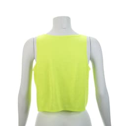A bright neon yellow women's T-shirt displayed on a mannequin, featuring a cropped design and no visible branding.