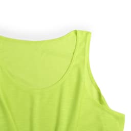 A bright lime green women’s T-shirt with a scoop neckline and sleeveless design. It has a logo visible.