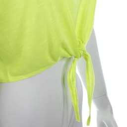 A bright neon yellow women's t-shirt with a tied detail at the hem, featuring a soft fabric texture.