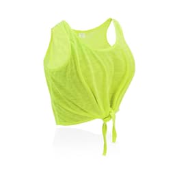 A bright neon yellow women's T-shirt with a cropped design and a tie at the front. Features a logo.