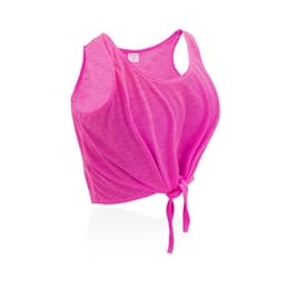 A bright pink women's T-shirt featuring a tie-up detail at the front and sleeveless design. It has a logo.