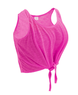 A bright pink women's T-shirt with a tied front design and a relaxed fit. It features a logo on the tag.