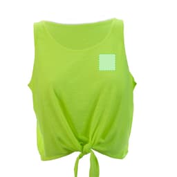 A bright lime green women's T-shirt with a tied front hem and an area for branding.