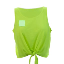 A bright lime green women's T-shirt with a tied front design and a logo placement area.