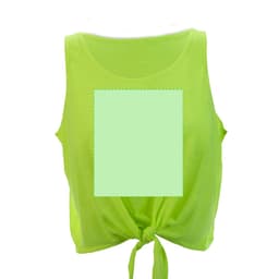 A bright lime green women's T-shirt with a knotted front design and a blank square area for printing.