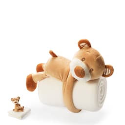 A soft, tan blanket featuring a bear character, with a smaller bear plush beside it. The blanket is neatly rolled.