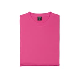 A folded pink hoodie featuring a round neckline, with a logo tag on the collar.