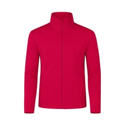 A red jacket with a high collar and a full-length zip, featuring side pockets and a logo.