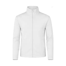 A white jacket with a zip front and a high collar, featuring long sleeves and a fitted design.