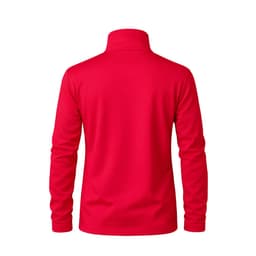 A red Klusten jacket featuring a high collar and long sleeves, with a logo on the back.