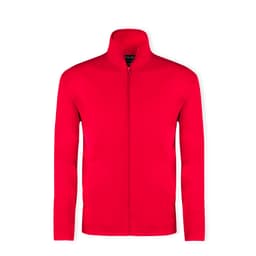 A red Klusten jacket featuring a high collar and a front zipper, with a logo on the inside.