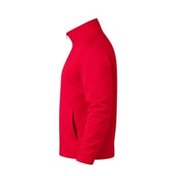 A red Klusten jacket with a high collar and side pockets, featuring a branding logo.