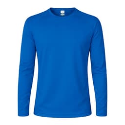 A long-sleeve T-shirt in bright blue with a simple design and a logo on the label.