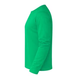 A green long-sleeved t-shirt with a crew neck design and a brand logo.