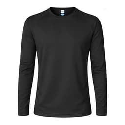 A black long-sleeved T-shirt with a round neckline and a logo on the label.