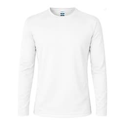 A white long-sleeve T-shirt featuring a round neck and a logo on the label.