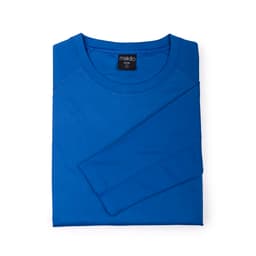 A blue T-shirt folded neatly with a round neck and one sleeve extended, featuring a logo label.