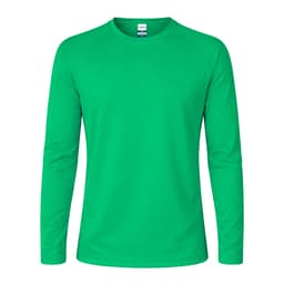 A long-sleeved green t-shirt featuring a simple design and a logo on the label.