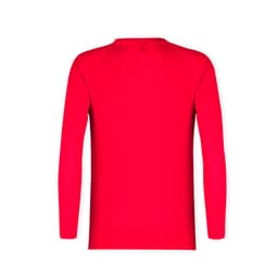 A red long-sleeve t-shirt with a simple design and a logo on the back.