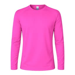 A long-sleeved T-shirt in bright pink with a simple design and a logo on the tag.
