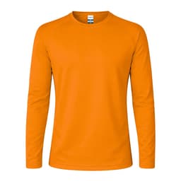 An orange long-sleeve T-shirt with a crew neck and a logo on the label.