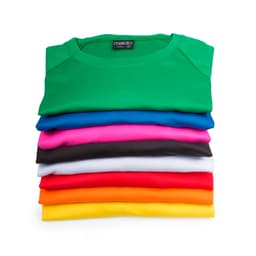 A stack of ten T-shirts in various colours, including green, blue, pink, black, white, red, and orange. Each shirt features a label.