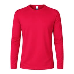 A red long-sleeved T-shirt featuring a crew neck and a logo.