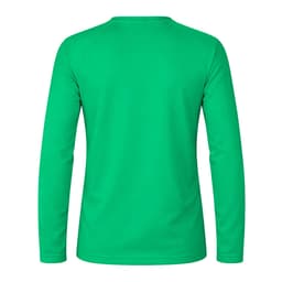 A long-sleeve T-shirt in vibrant green, featuring a plain back and a simple design.