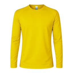 A yellow long-sleeve t-shirt with a round neck and raglan sleeves. It features a logo on the label.