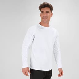 A white long-sleeve T-shirt on a model, featuring a simple design and a relaxed fit. It has a logo on it.