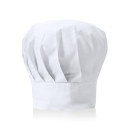A white chef's hat with pleats and a smooth band at the base, featuring a logo. Ideal for culinary uniform use.