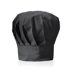 A black chef hat with a pleated design, featuring a branded logo on the band.