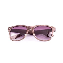 A pair of wooden-style sunglasses with purple-tinted lenses. The frames feature a textured, light brown finish.