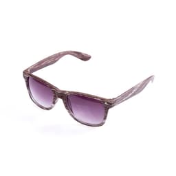 Stylish sunglasses with a wood-patterned frame and gradient purple lenses. Features a logo on the side.