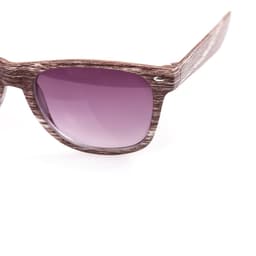 Sunglasses featuring a woodgrain design and gradient purple tinted lenses, with a logo on the arm.
