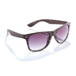 Sunglasses with a wooden design and gradient purple lenses, featuring a logo on the side.