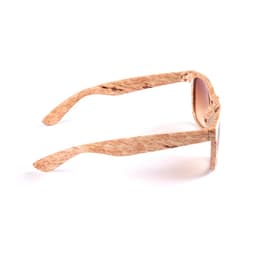 A pair of sunglasses with wooden-patterned frames and brown-tinted lenses, featuring a logo on the side.