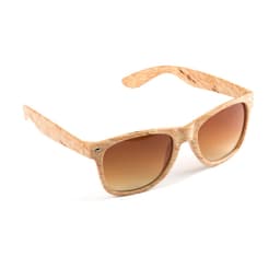 A pair of sunglasses with a light wood-patterned frame and gradient brown lenses. Features a logo on the side.