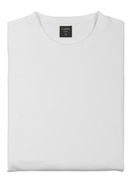 A folded white sweatshirt with a round collar, featuring a small logo on the neck label.