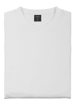 A white technical sweatshirt, neatly folded, featuring a label and a simple design.