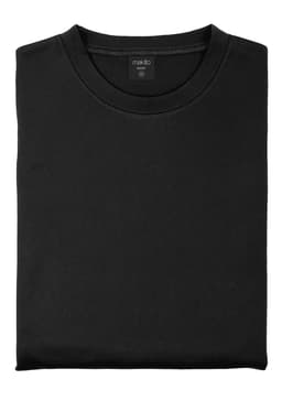 A black technical sweatshirt folded neatly, featuring a round neckline and a subtle brand logo.