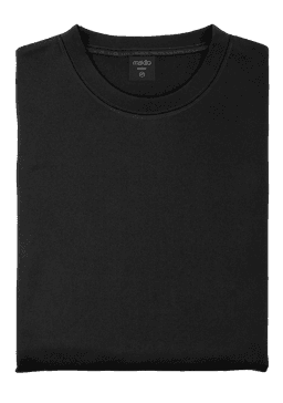 A black technical sweatshirt folded neatly with a round neckline and a branding label.