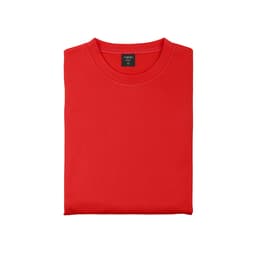A red technical sweatshirt featuring a classic crew neck design and a tag with branding.