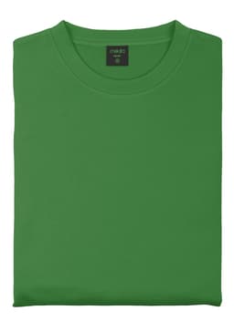 A folded green sweatshirt featuring a round neckline and a brand label inside.